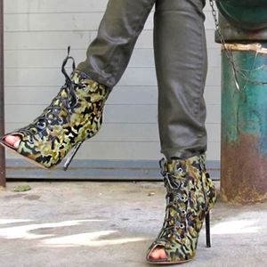 Cecilia New York Dash Camo Peep Toe Calf Hair Fur Stiletto Lace Up Army Green